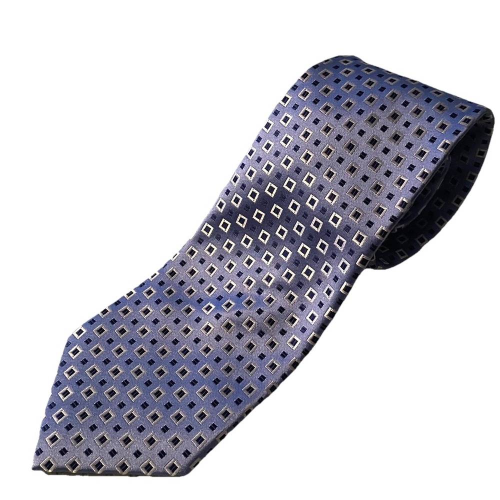 Chaps Mens Formal Necktie Light blue, Dark Blue&White Square Dots 58"/3.25" EUC